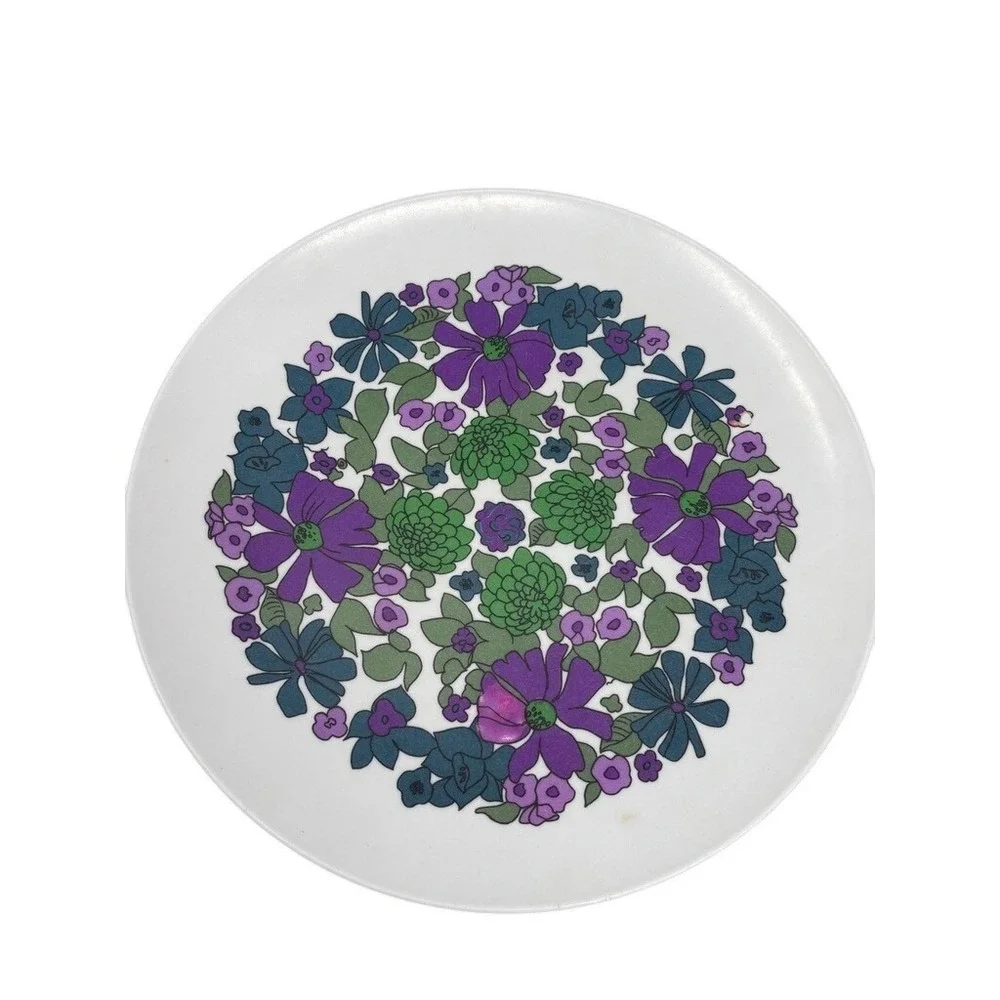 Vintage Retro Floral Melamine Dinner Plates Set‎ of 2 Purple Green Mod 9.5 Inch